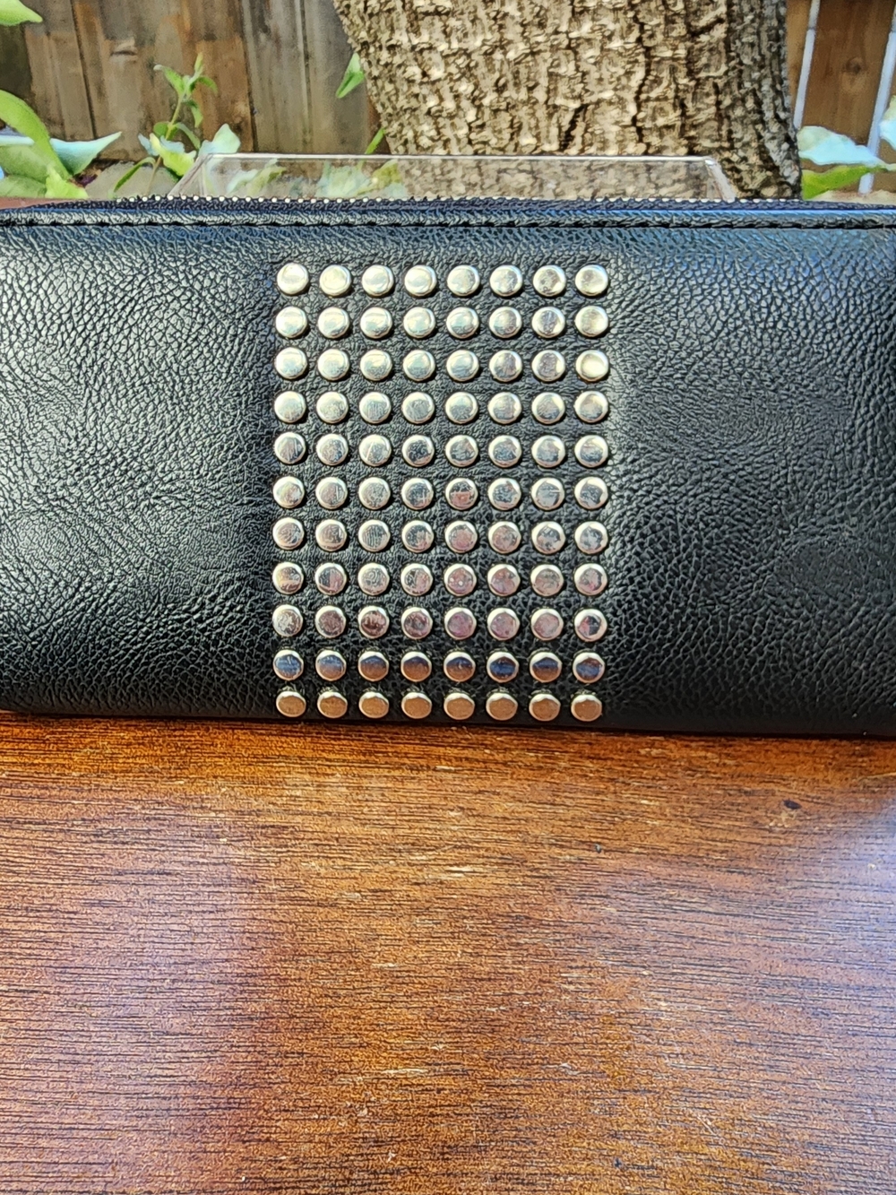 Black Pebbled Leather Zip Around Continental Wallet Silver Stud Embellished